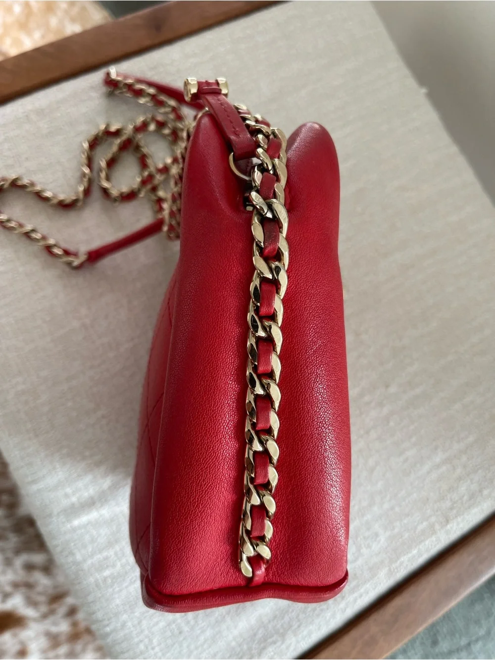 CHANEL Red Quilted Leather Crossbody Bag with Gold Chain